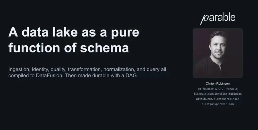 Title slide: "A data lake as a pure function of schema", Clinton Robinson, co-founder and CTO, Parable