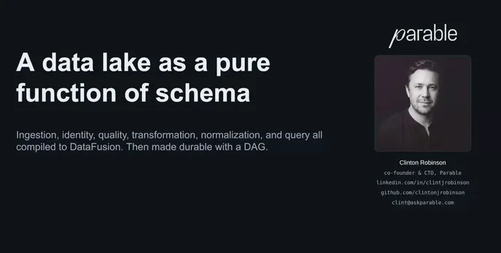 Title slide: "A data lake as a pure function of schema", Clinton Robinson, co-founder and CTO, Parable