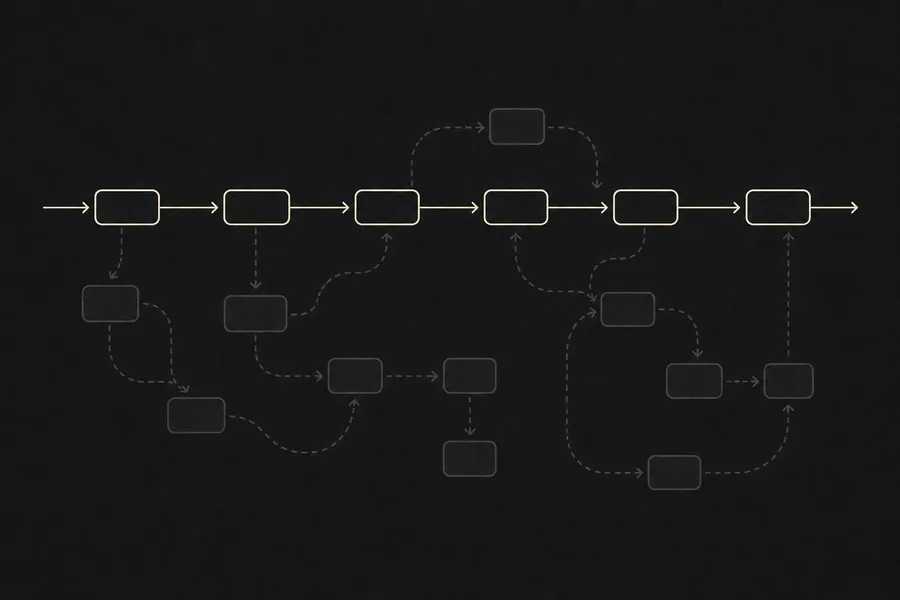 Abstract process-mining diagram: a clean discovered process flow surrounded by the hidden, previously invisible work around it.