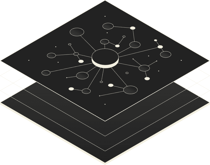 Networked layers showing quality checks resolved into shared context illustration
